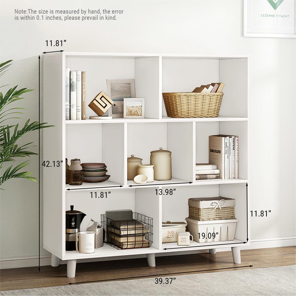 IOTXY Open Cube Low Bookcase - 3-Tier Freestanding Storage Display Cabinet Organizer with Legs for Home Office, 7-Cubes Open Shelf Short Bookshelf, White IOTXY