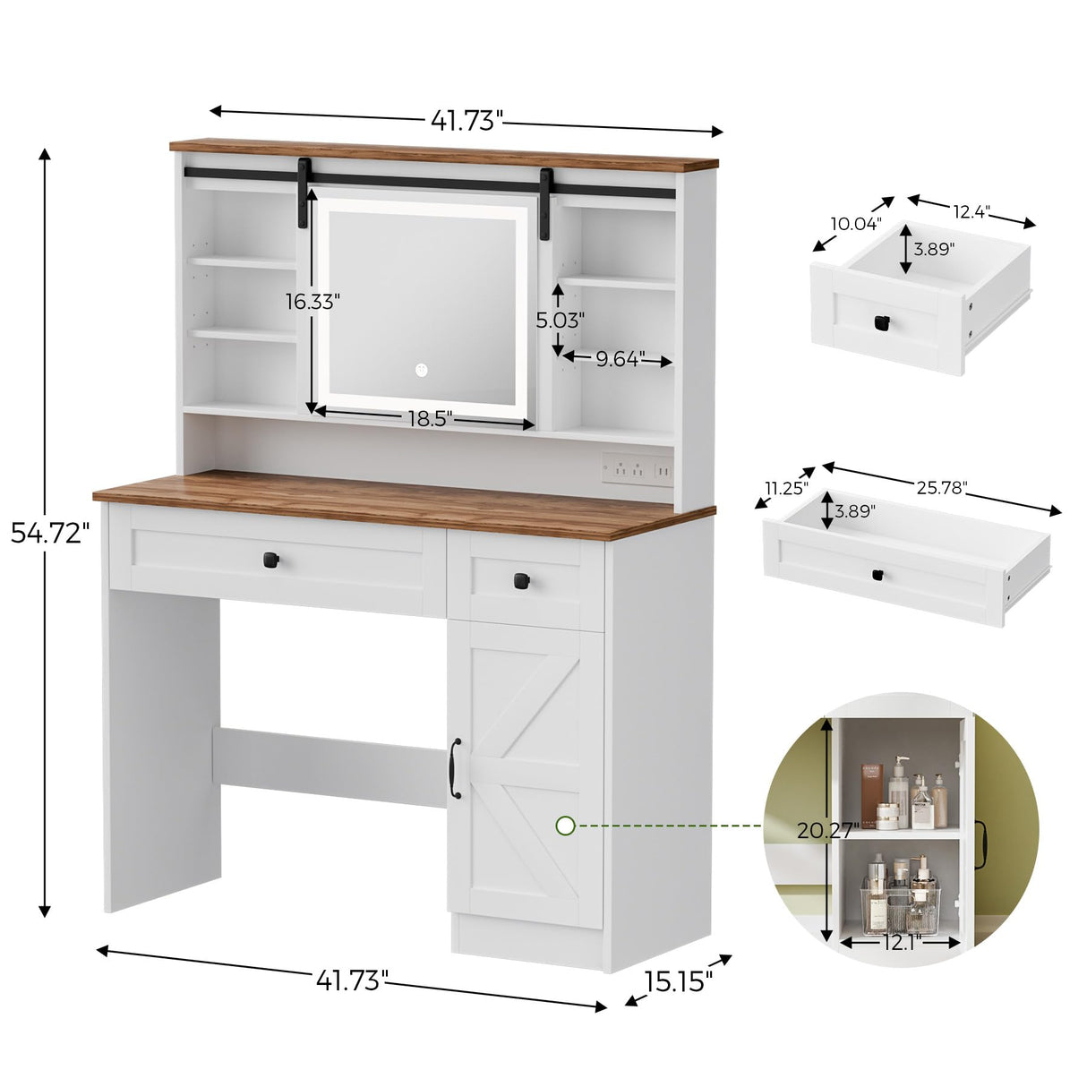 CLLASOU Farmhouse Makeup Vanity Desk with Sliding Mirror and Lights, Vanity Table with 2 Drawers & Shelves, Rustic Vanity Set with Lights Adjustable Brightness for Bedroom, White CLLASOU