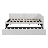 Modern Full Size Daybed with Trundle for Teens Kids, Linen Upholstered L-Shaped Platform Bed Frame Full with Headboard, Full Corner Bed for Living Room, Full with Trundle, Beige Merax