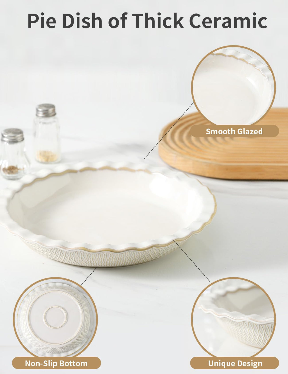 Ceramic Pie Dish for Baking, 9 inch Porcelain Pie Pan, Fluted Pie Plate for Apple, Quiche, Pot Pies, Tart, Modern Farmhouse Bakeware, Vanilla White Seyatoo