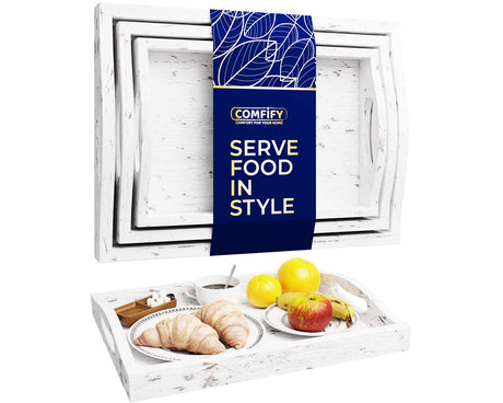 Serving Trays Set of 3 - Ottoman Wood Trays for Entertainment, Food and Décor - Rustic Farmhouse Distressed Wood Finish - Solid White Comfify