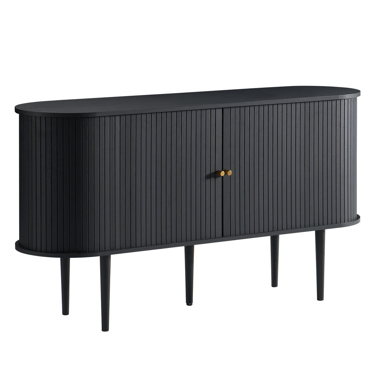 AMERLIFE 55" TV Stand with Solid Wood Legs, Mid Century Modern TV Console with Tambour Door for 80-inch TV, Dust-Proof Storage Cabinet for Living Room, Embossed Black AMERLIFE