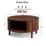 ZttRiee Coffee Table for Living Room, Modern Round Coffee Table with Cabinets & Sliding Doors, Home Small Space, 29.9" Fluted Center Table, Walnut ZttRiee