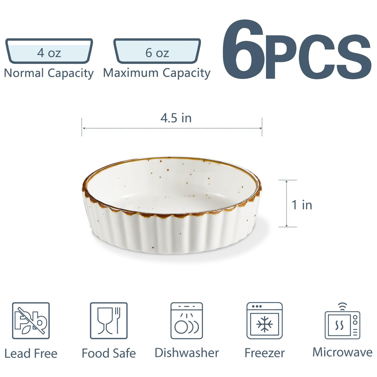 ONEMORE Ramekins 4 oz - Oven Safe Shallow Ramekins with Brown Rim for Creme Brulee - Speckled, Fluted, Set of 6 ONEMORE