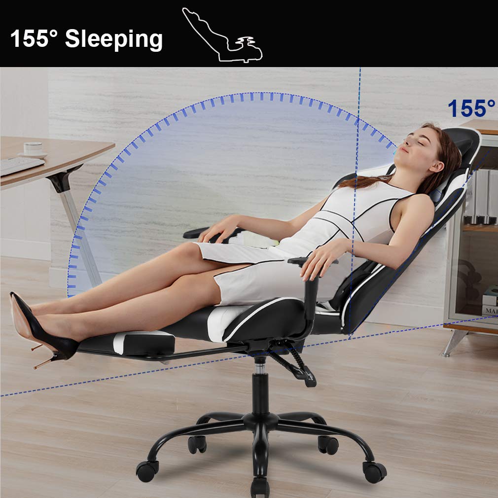 BestOffice Ergonomic Office, PC Gaming Chair Cheap Desk Chair Executive PU Leather Computer Chair Lumbar Support with Footrest Modern Task Rolling Swivel Chair for Women, Men(White) BestOffice