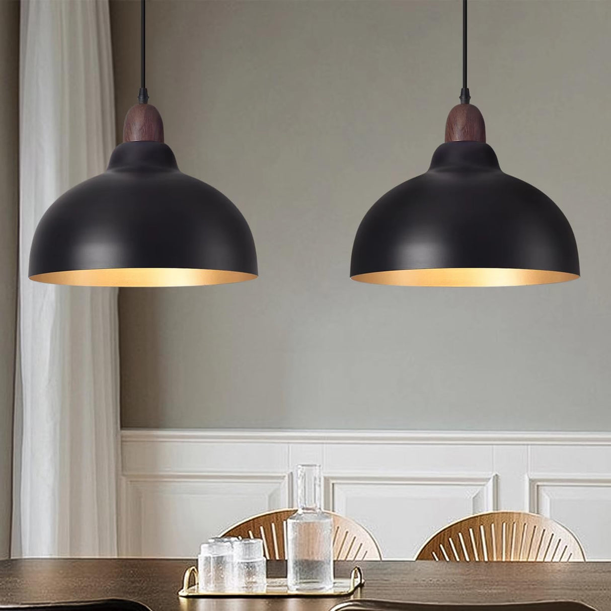 Set of 2 Pcs 11.8" Black Dome Pendant Light, Farmhouse Modern Black and Wood Hanging Pendant Lights Kitchen Island, Vintage Pendant Light Large Dome Chandelier for Kitchen Island, Dining Room Ziqqeelam