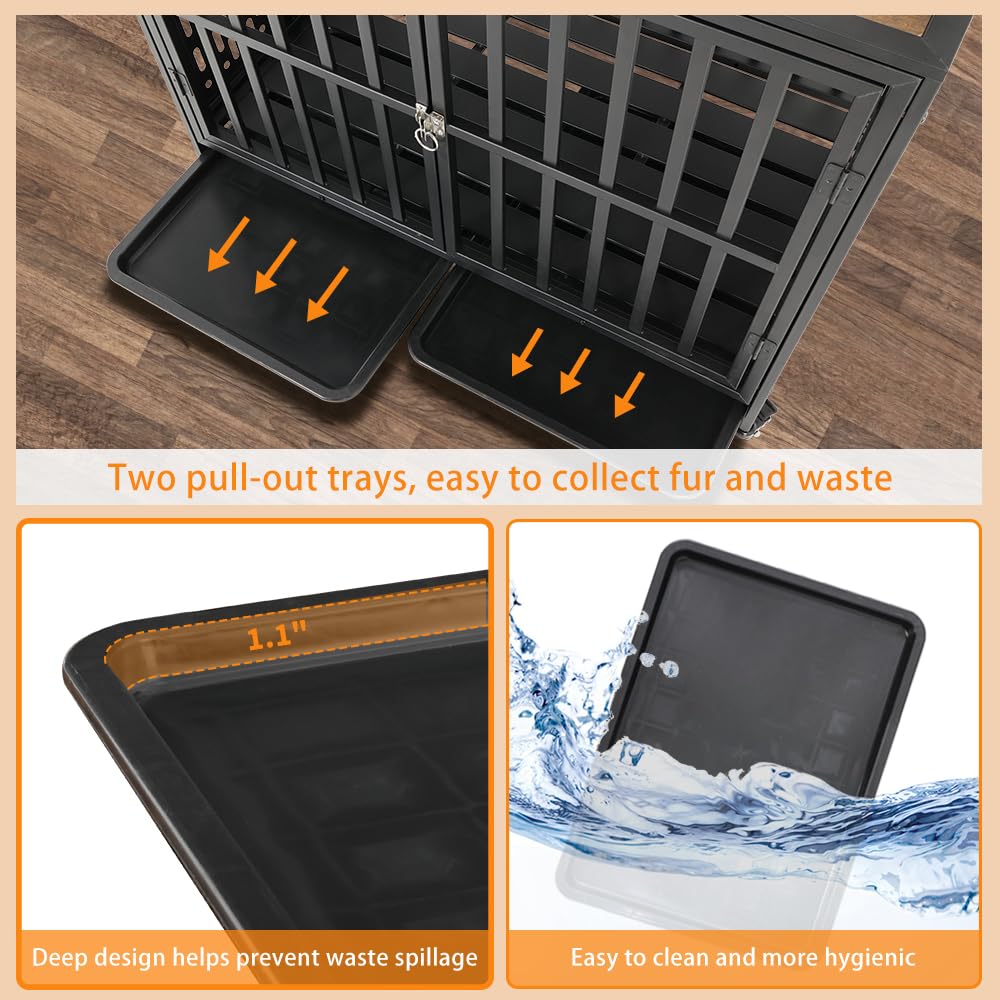 HIDOG 42'' Dog Crate Furniture, Wooden Dog Kennel with Lockable Wheels, Dog Crate End Table with Trays, Decorative Dog Kennel Indoor, Heavy Duty Dog Cage for Medium Large Dogs, Rustic Brown HIDOG