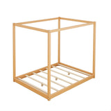 Queen Size Canopy Bed Frame, Wood Floor Canopy Bed Frame, Four Poster Canopy Platform Bed with Wooden Slats Support for Adults, Solid Wood 4-Poster Bed, Wood Floor Bed Frame with 4 Posters, Natural MaiDeHaoo