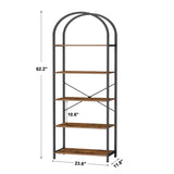 Homhedy 5-Tier Bookshelf Arched Display Racks, Wood and Metal Bookcase, Tall Bookshelf, Industrial Display Standing Shelf Unit, for Home Office, Living Room, Bedroom, Bathroom, Rustic Brown Homhedy