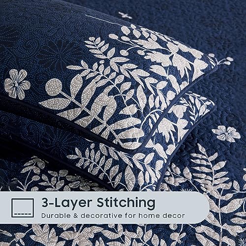 Wake In Cloud - Floral Quilt Set, Botanical Elegant Flower Tree Leaf Modern Pattern Printed, Reversible Lightweight Bedspread Coverlet, 3 Pieces, Navy Blue Gray, King Size Wake In Cloud