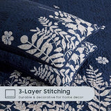 Wake In Cloud - Floral Quilt Set, Botanical Elegant Flower Tree Leaf Modern Pattern Printed, Reversible Lightweight Bedspread Coverlet, 3 Pieces, Navy Blue Gray, King Size Wake In Cloud