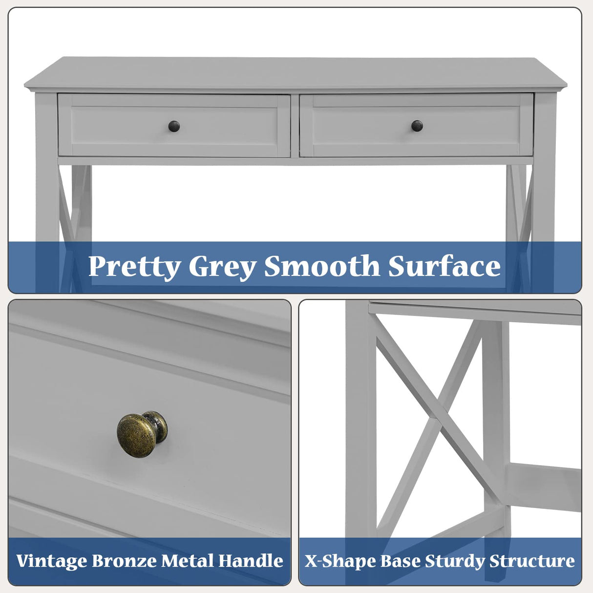 Lewahom Computer Desk with 2 Drawers, Elegant Home Office Writing Study Desk with Storage, Modern Simple Vanity Desk Console Table for Living Room, Grey Lewahom