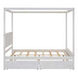 CITYLIGHT Full Size Wooden Canopy Bed Frame with Storage Drawers and Headboard in Brushed White CITYLIGHT