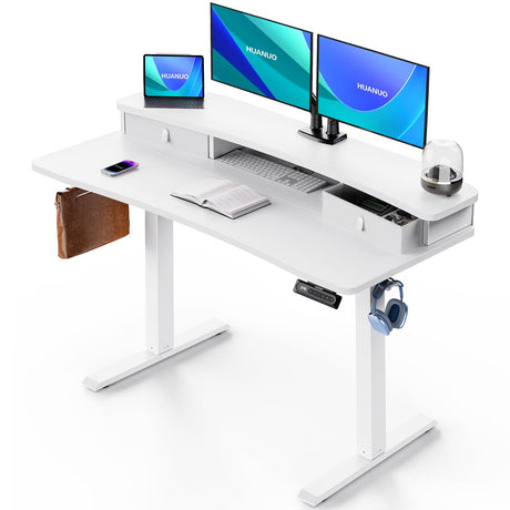 HUANUO 48″ x 24″ Electric Standing Desk with 2 Drawers, C-Clamp Mount Compatible, Height Adjustable Computer Desk, Home Office Stand Up Desk with 4 Preset Heights & 2 Hooks, White HUANUO