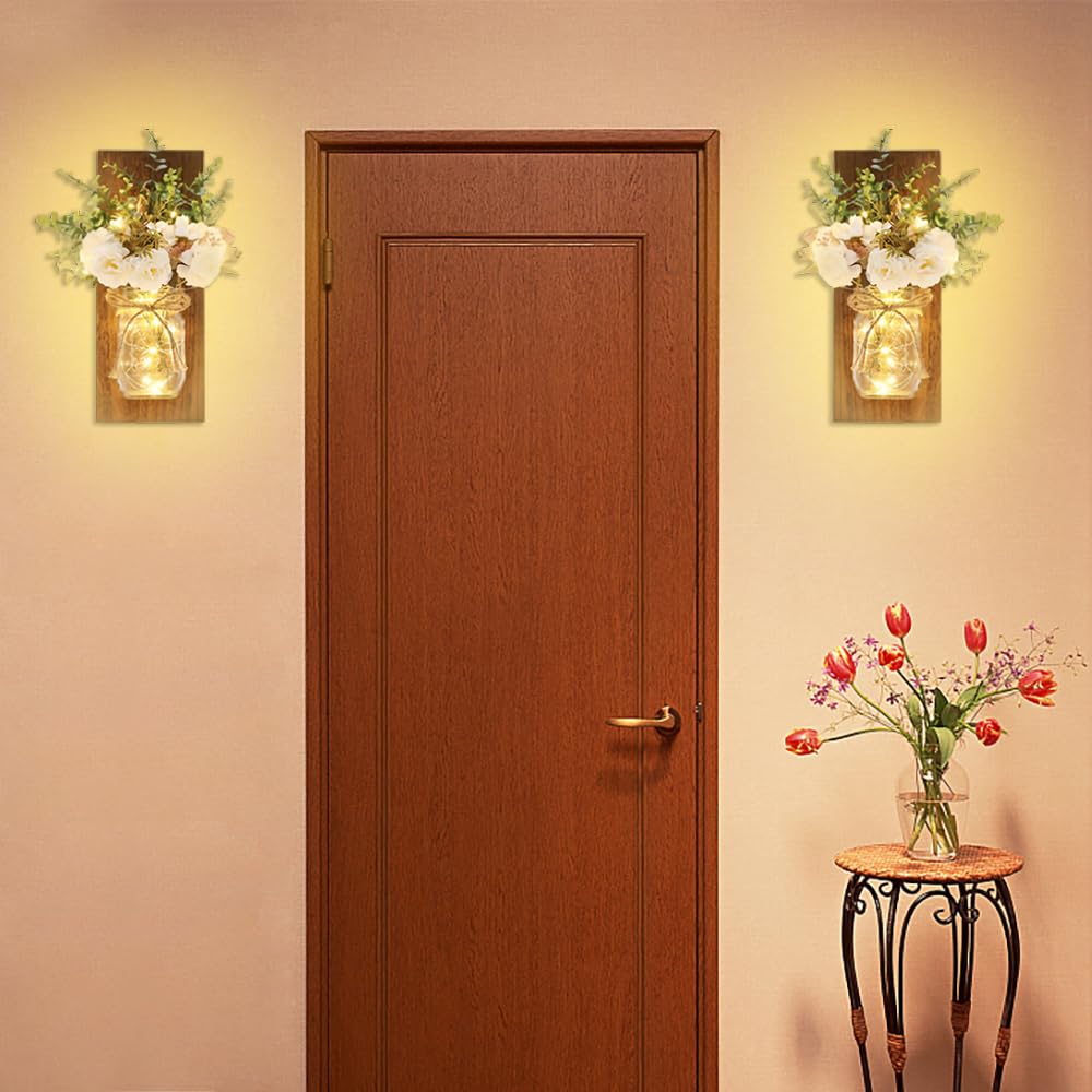 Rustic Wall Sconces Mason Jar Sconces Handmade Wall Art Hanging Design with Remote Control LED Fairy Lights and White Peony,Christmas Decor Gift Farmhouse Wall Home Decor Living Room Lights Set of Two Homecor