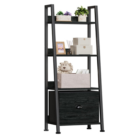 Furologee 4-Tier Ladder Shelf, Ladder Bookshelf with Removable Drawer, Bookcase Storage Rack Organizer, Freestanding Storage Shelves for Living Room, Home Office, Bedroom, Black Oak Furologee