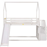 Merax Twin Over Twin House Bunk Bed Frames with Slide and Storage Staircase, No Box Spring Needed, White Merax