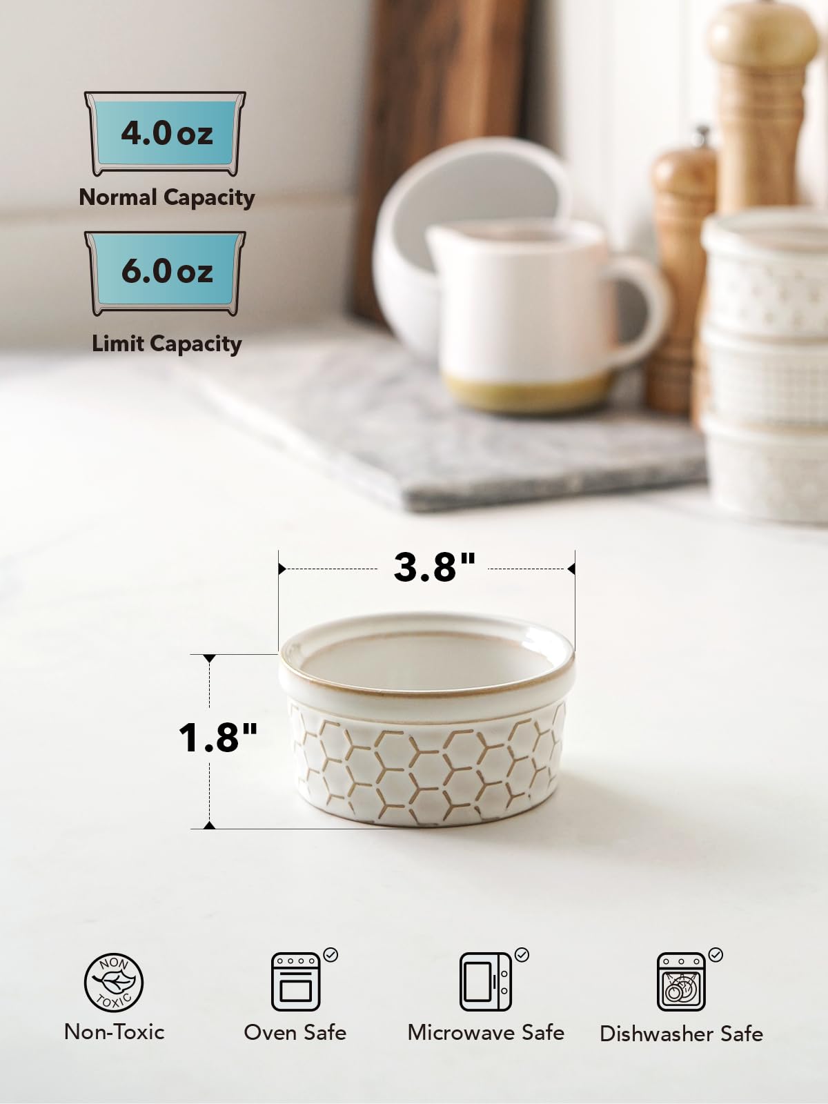 LE TAUCI Ramekins 4 oz, Ramiken for Creme Brulee, Lava Cake,Pudding, Souffle, Small Sauce Bowl,Ceramic Baking Dishes- 3.8 inch, Set of 4, Arctic White LE TAUCI