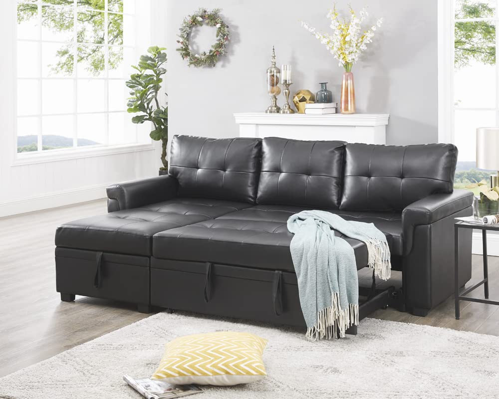 Naomi Home 85 in. Convertible Sofa with Storage, Reversible L Shape Sofa Couch with Chaise, Comfy Sectional Couches for Living Room, Black - Air Leather