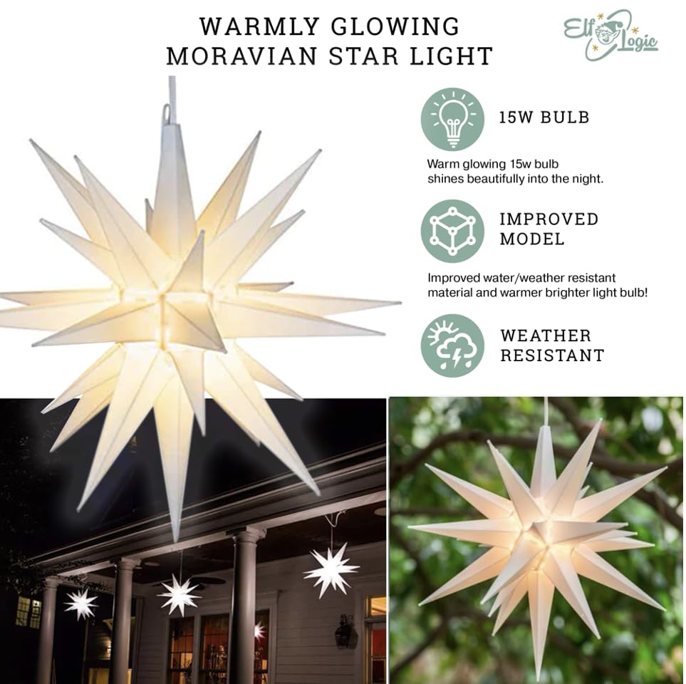 Elf Logic 21" Large Warm White LED Moravian Star - Hanging Outdoor Christmas Light - Use as Holiday Decoration, Porch Light, 3D Fixture, Advent Star, Wedding & Ballroom Venue Decor - Assembly Required