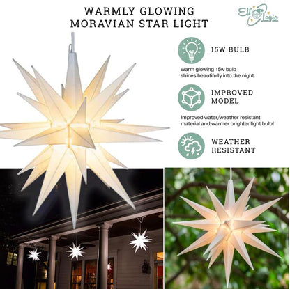 Elf Logic 21" Large Warm White LED Moravian Star - Hanging Outdoor Christmas Light - Use as Holiday Decoration, Porch Light, 3D Fixture, Advent Star, Wedding & Ballroom Venue Decor - Assembly Required