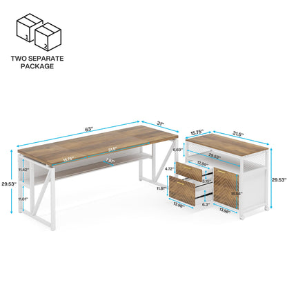 LITTLE TREE 63" L-Shaped Executive Desk & 32" Mobile Filing Cabinet Set in Walnut - WoodArtSupply