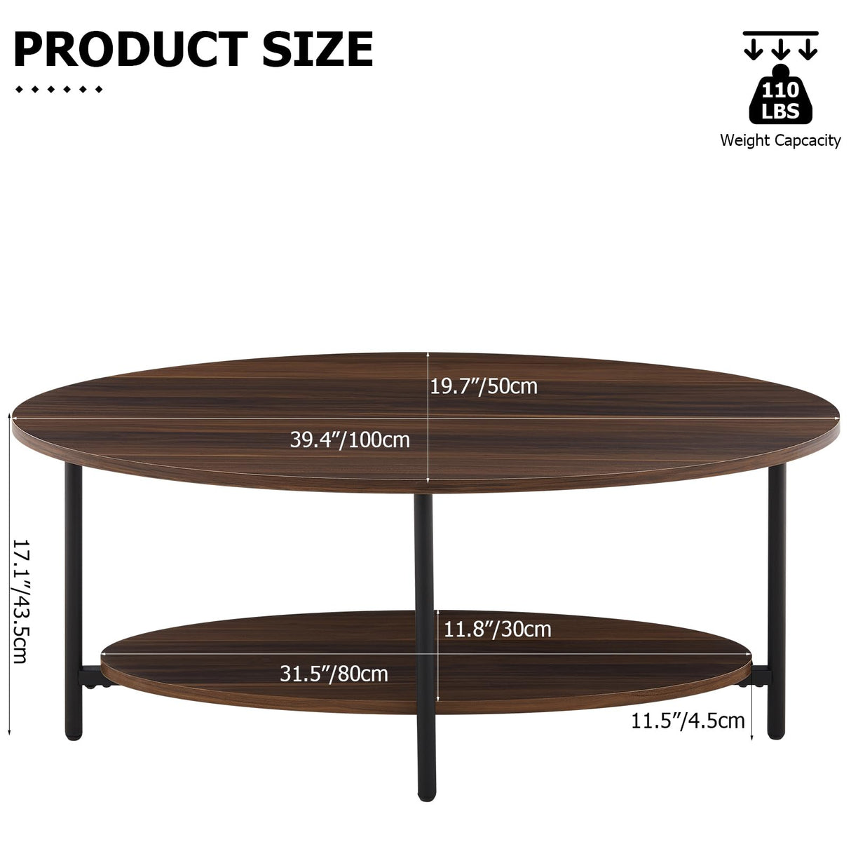 TUKAILAi Oval Coffee Table with Open Storage Shelf, 2-Tier Wooden Tea Table with Adjustable Feetpad, Industrial Center Table with Cross Metal Legs for Living Room, Bedroom, Lounge (Rustic Brown) TUKAILAi