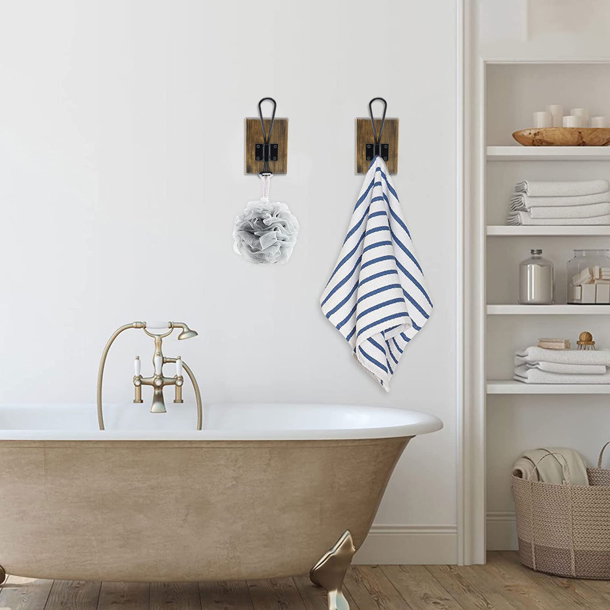 TEGUEPS Wall Hooks for Hanging,Coat Hooks,Hat Hangers for Wall,2 Pack Adhesive Towel Hooks for Bathroom,Wood Coat Rack for Robe Keys Backpack Purse(Weathered Brown) TEGUEPS