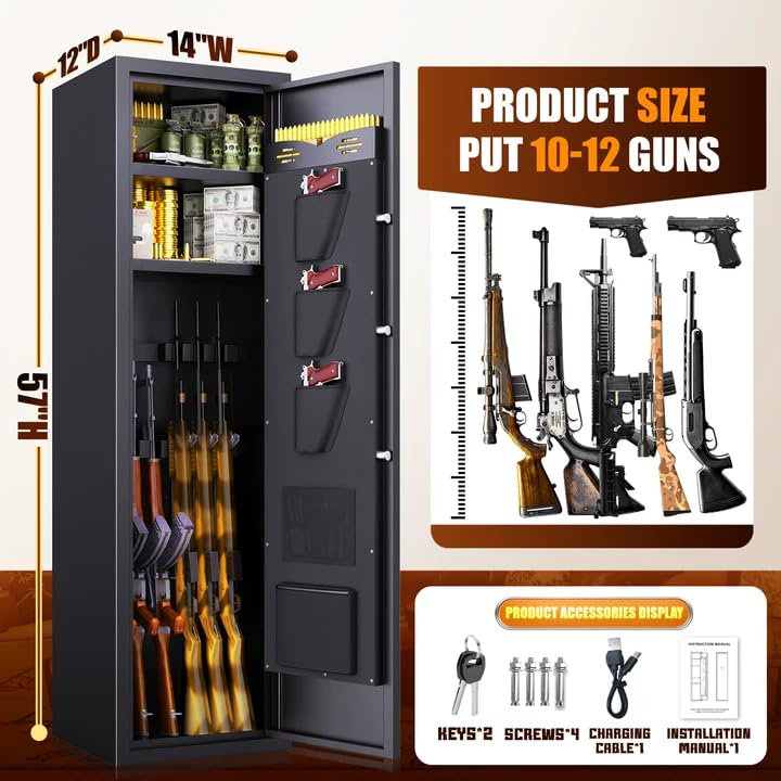 10-12 Fingerprint Gun Safe, Large Gun Safe for Rifles and Pistols,Quick-access Biometric Gun Cabinet,Rifle Safe with Removable Shelf Pistol Pockets，Home Gun Locker with Alarm System Silent Mode FFVVGH