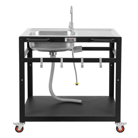 Feasto 35” Outdoor Grill Cart with Sink, Outdoor Kitchen Sink Station with Hose Hook Up, Free Standing Sink with Wheels, 304 Stainless Steel Sink with Single Bowl, Outdoor Utility Sink with Faucet Feasto