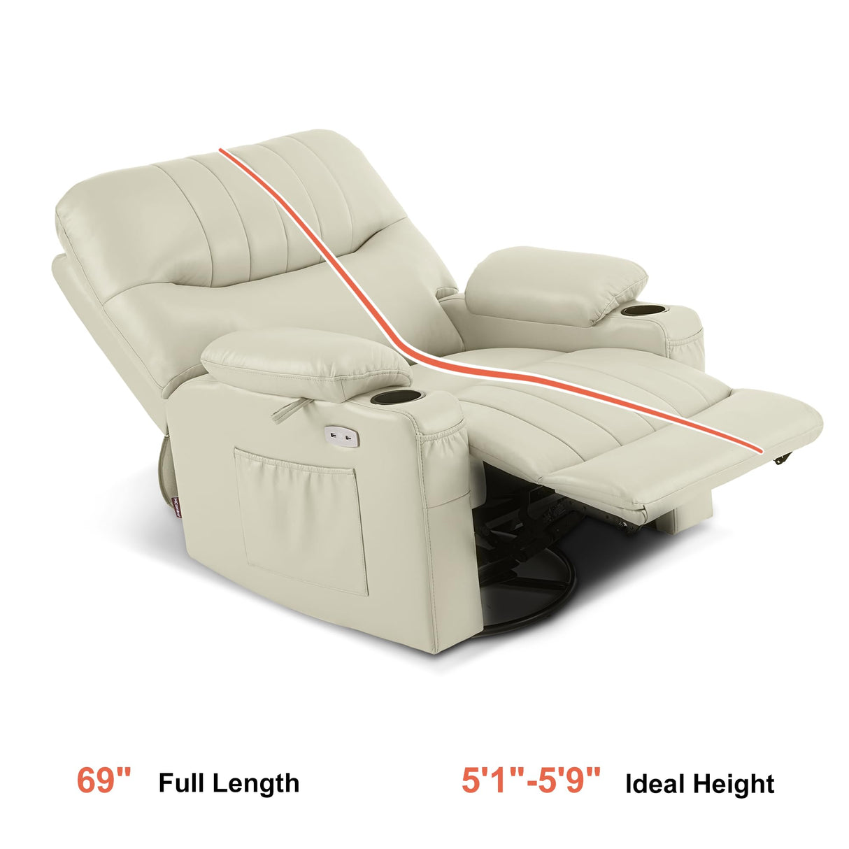 MCombo Oversized Swivel Glider Rocker Power Recliner Chair for Living Room with Heat and Vibration Massage, USB Ports, Cup Holders and Pockets, Faux Leather 7785 (Milk White) MCombo