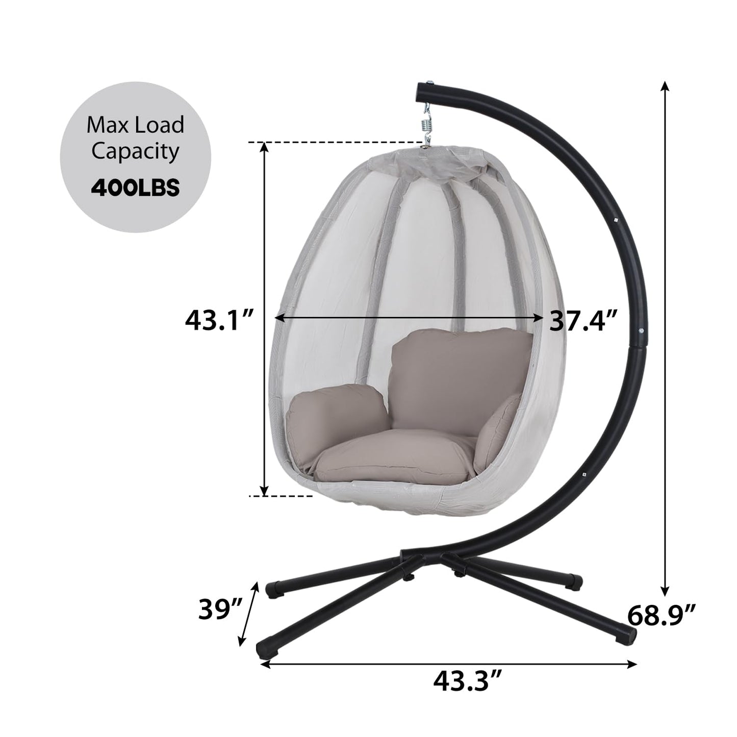 PayLessHere Egg Chair with Comfy Cushions Indoor Outdoor Hanging Chair Sturdy Heavy Duty Hammock Chair with Stand Cushions Breathable Fabric Cover for Patio Bedroom Garden Poolside, Grey