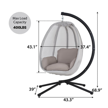 PayLessHere Egg Chair with Comfy Cushions Indoor Outdoor Hanging Chair Sturdy Heavy Duty Hammock Chair with Stand Cushions Breathable Fabric Cover for Patio Bedroom Garden Poolside, Grey