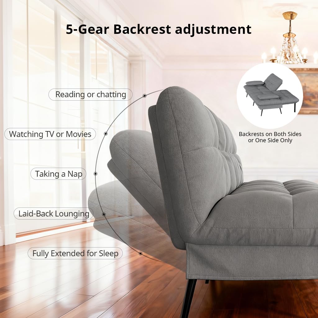 COMHOMA Convertible Sofa Bed,72″Fabric Couch with Adjustable Backrest,Loveseat Recliner Sleeper Living Room Furniture futon Set (Grey) COMHOMA