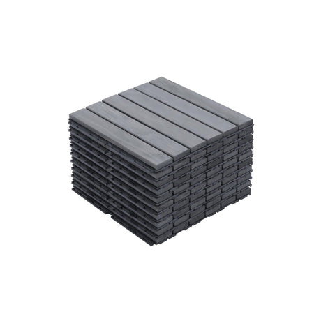 10 PCS Light Gray Acacia Wood Interlocking Deck Tiles, 12" x 12" Outdoor Striped Pattern Flooring for Patio, Balcony, Porch, Garden, Poolside Sailret