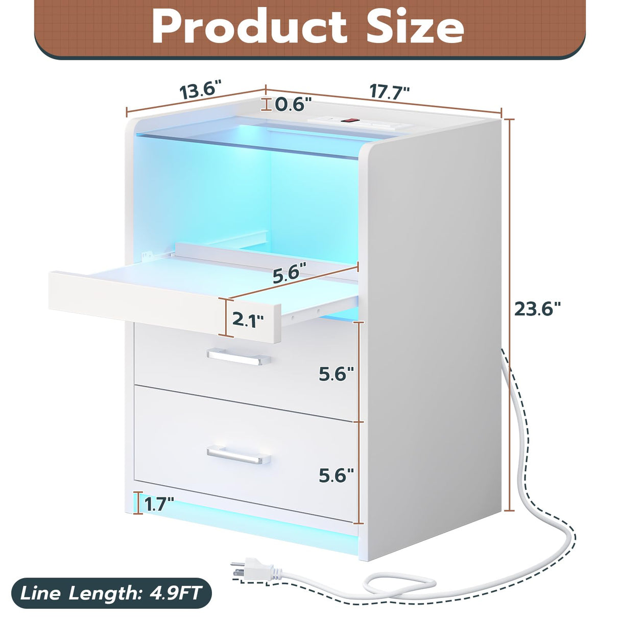 VIAGDO White Nightstand with Charging Station and LED Lights, 2 Drawers LED Night Stand with Tempered Glass Tabletop, Modern End Side Tables with Pull-Out Tray, Open Storage Bedside Tables VIAGDO