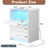 VIAGDO White Nightstand with Charging Station and LED Lights, 2 Drawers LED Night Stand with Tempered Glass Tabletop, Modern End Side Tables with Pull-Out Tray, Open Storage Bedside Tables VIAGDO