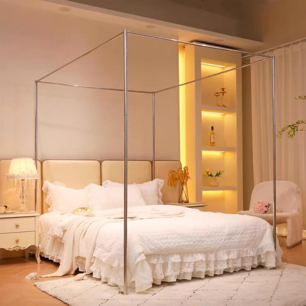 Mengersi Canopy Bed Frame Post Queen Size,Stainless Steel Canopy Frame Poles Four Corner Bed Bracket Fit for Metal/Wood Bed Bedroom Decor Mengersi
