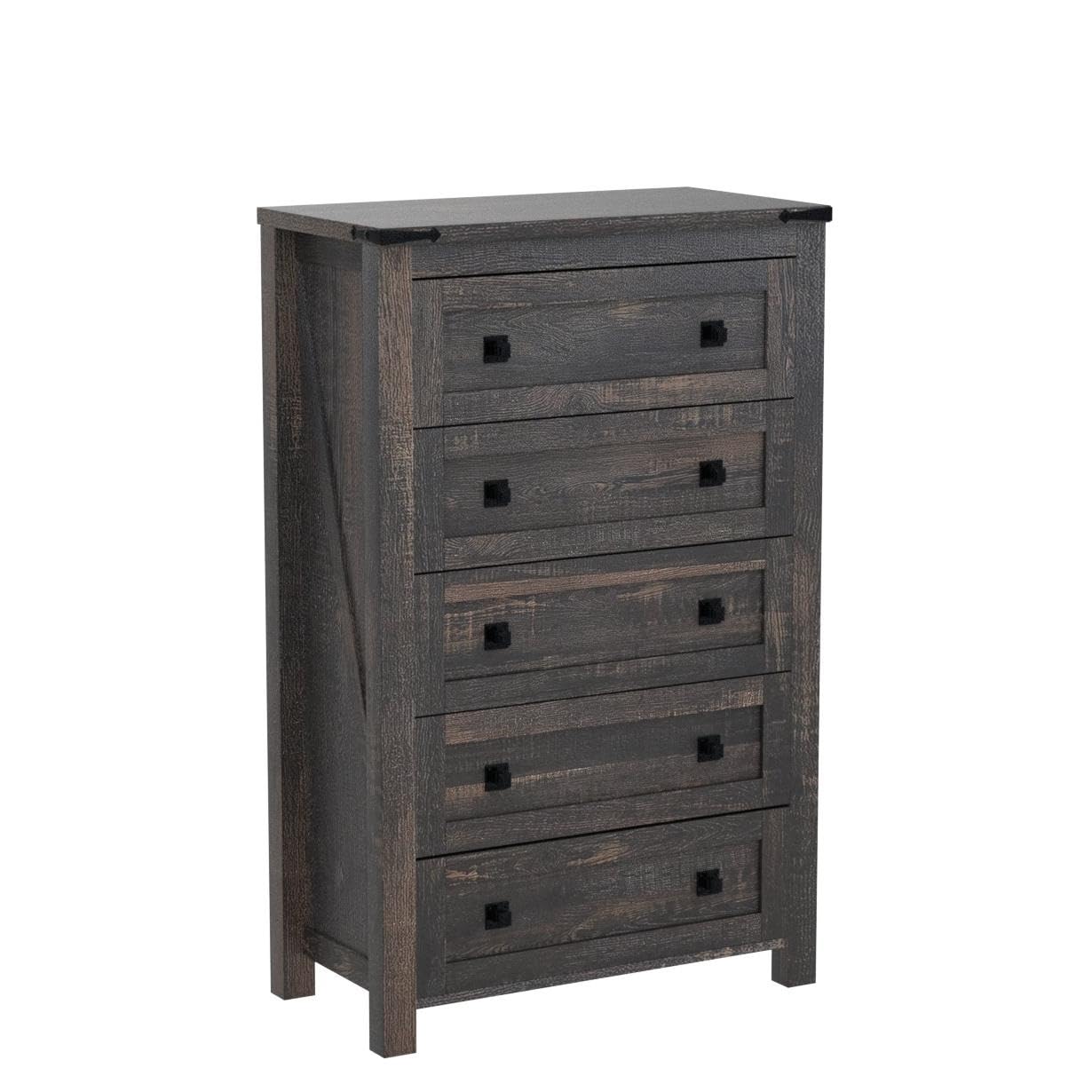 T4TREAM Farmhouse 5 Drawers Dresser Chests for Bedroom, Wood Rustic Tall Chest of Drawers, Dressers Organizer for Bedroom, Living Room, Hallway, Dark Rustic Oak - WoodArtSupply