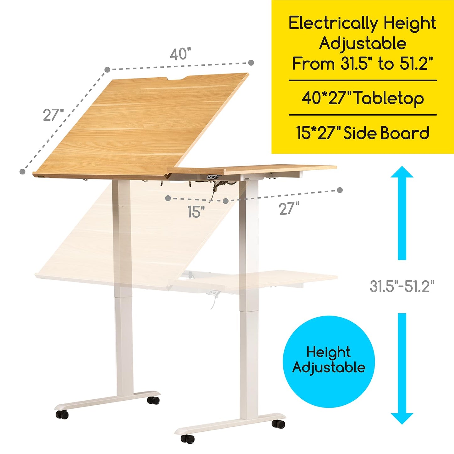 MEEDEN Height Adjustable Drafting Table - 31" to 52" Electric Drawing Desk with Large Side Board - 40 * 27" Tiltable Tabletop - Rolling Wheels - ES-6058-YM - WoodArtSupply