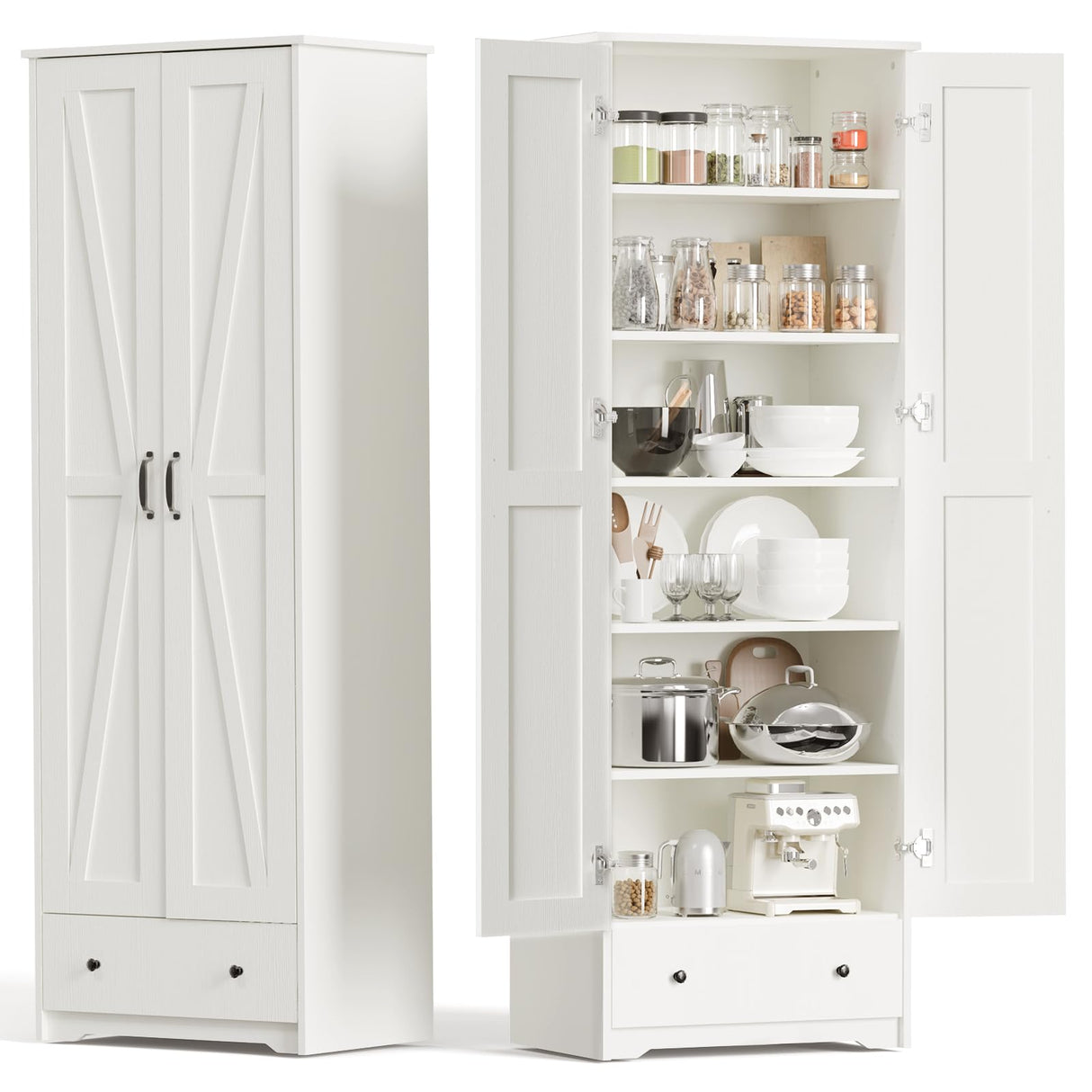 Teekyooly 70" Farmhouse Kitchen Pantry Cabinet, Tall Large Wood Storage Cabinet with 6 Adjustable Shelves, 2 Barn Doors & Drawer for Bathroom, Dining Room, Antique White Teekyooly