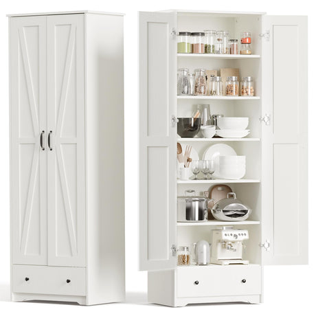 Teekyooly 70" Farmhouse Kitchen Pantry Cabinet, Tall Large Wood Storage Cabinet with 6 Adjustable Shelves, 2 Barn Doors & Drawer for Bathroom, Dining Room, Antique White Teekyooly