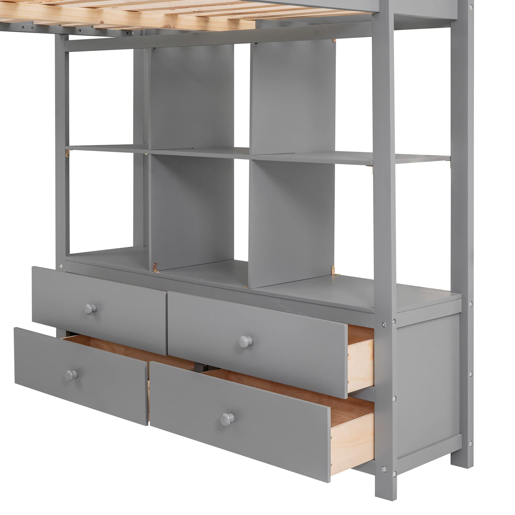 Harper & Bright Designs Full Size Grey Loft Bed with Built-in Desk, Drawers, and Storage Shelves - WoodArtSupply