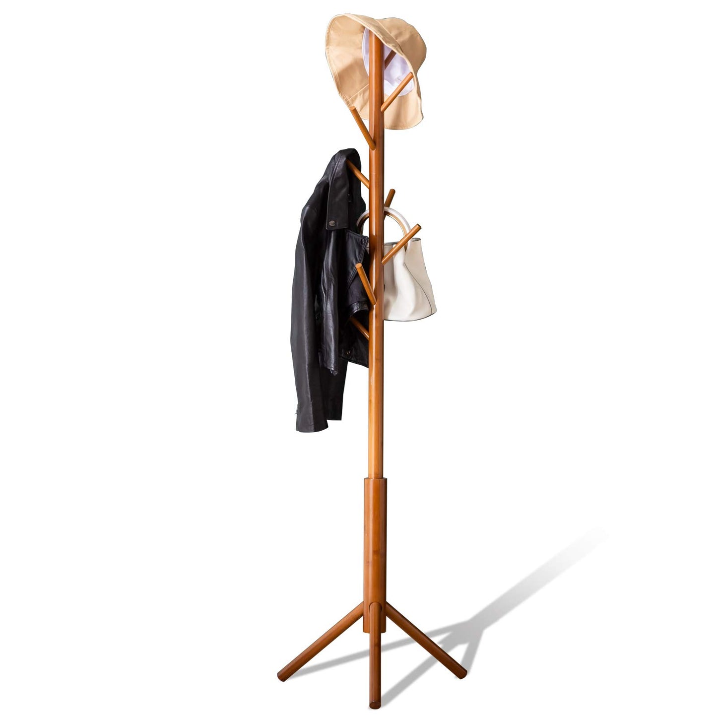 BMOSU Coat Rack freestanding Stand Bamboo Wooden Coat Tree 8 Hooks 3 Adjustable Standing Jackets Hanger Hallway Corner Parlor(Brown)