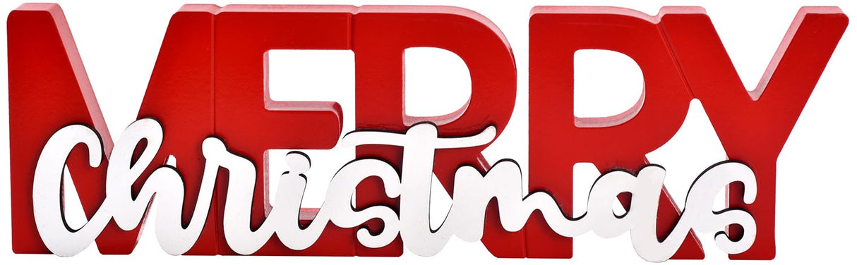 GHOSTMAGIC Merry Christmas Sign, Wooden Christmas Decoration Signs, Merry Christmas Wood Cutout, Free Standing Christmas Centerpiece, Xmas Party Decor for Table Tiered Tray Mantel (red) GHOSTMAGIC