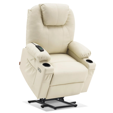MCombo Large Power Lift Recliner Chair with Massage and Heat for Tall Elderly People, 3 Positions, Cup Holders, and USB Ports, Faux Leather 7516 (Large, Cream White) MCombo