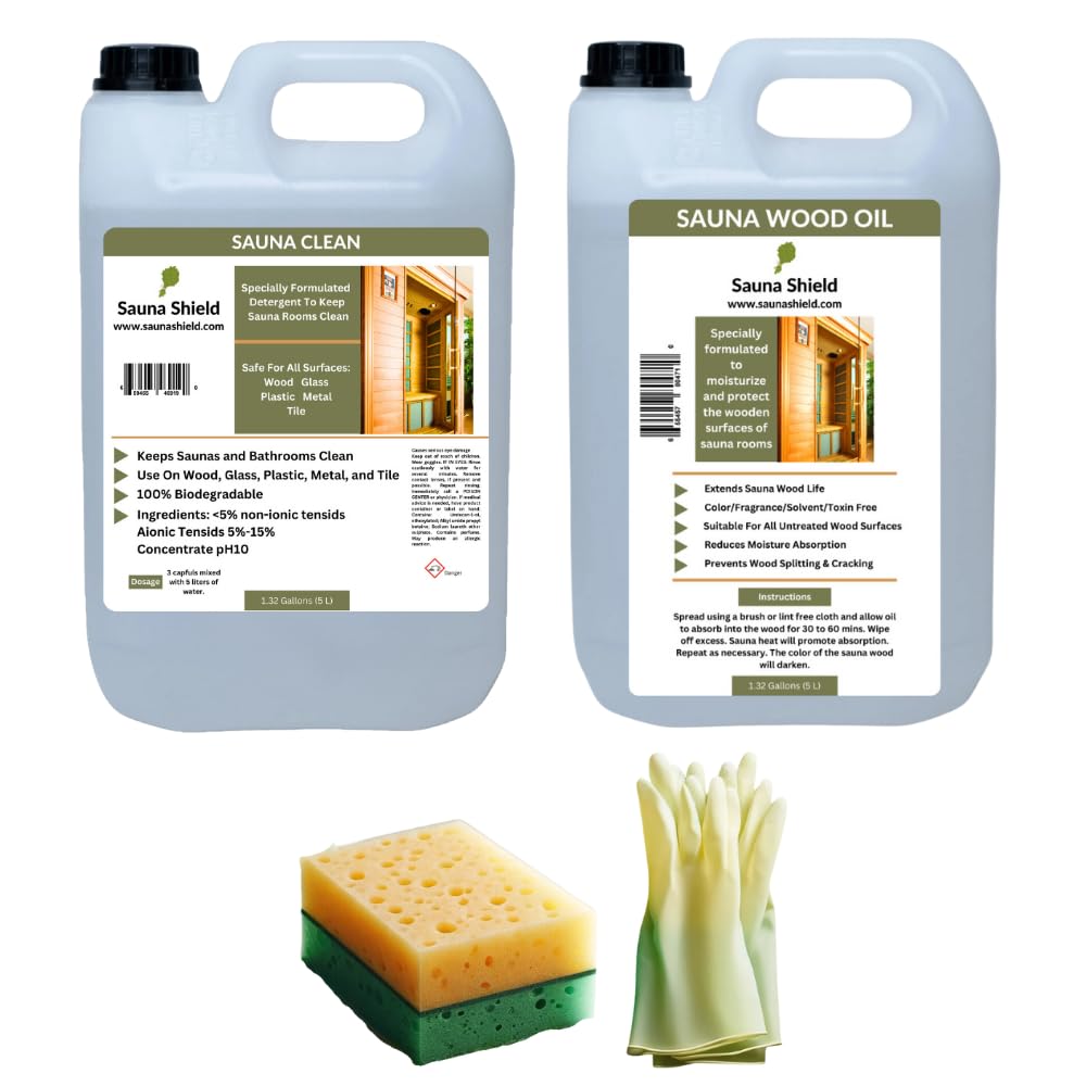 Sauna Shield Sauna Room Care Set: Sauna Wood Oil & Sauna Wood/Room Cleaner (1.32 Gallons Each) with Sponge Applicator - WoodArtSupply