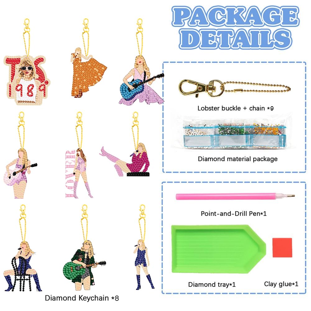 9 PCS Diamond Painting Keychains Kit Music Pop singer Diamond Art Double Sided 5D Diamond Key Rings DIY Diamonds Pendants for Beginners Birthday Crafting Home Party Decor Weadatty
