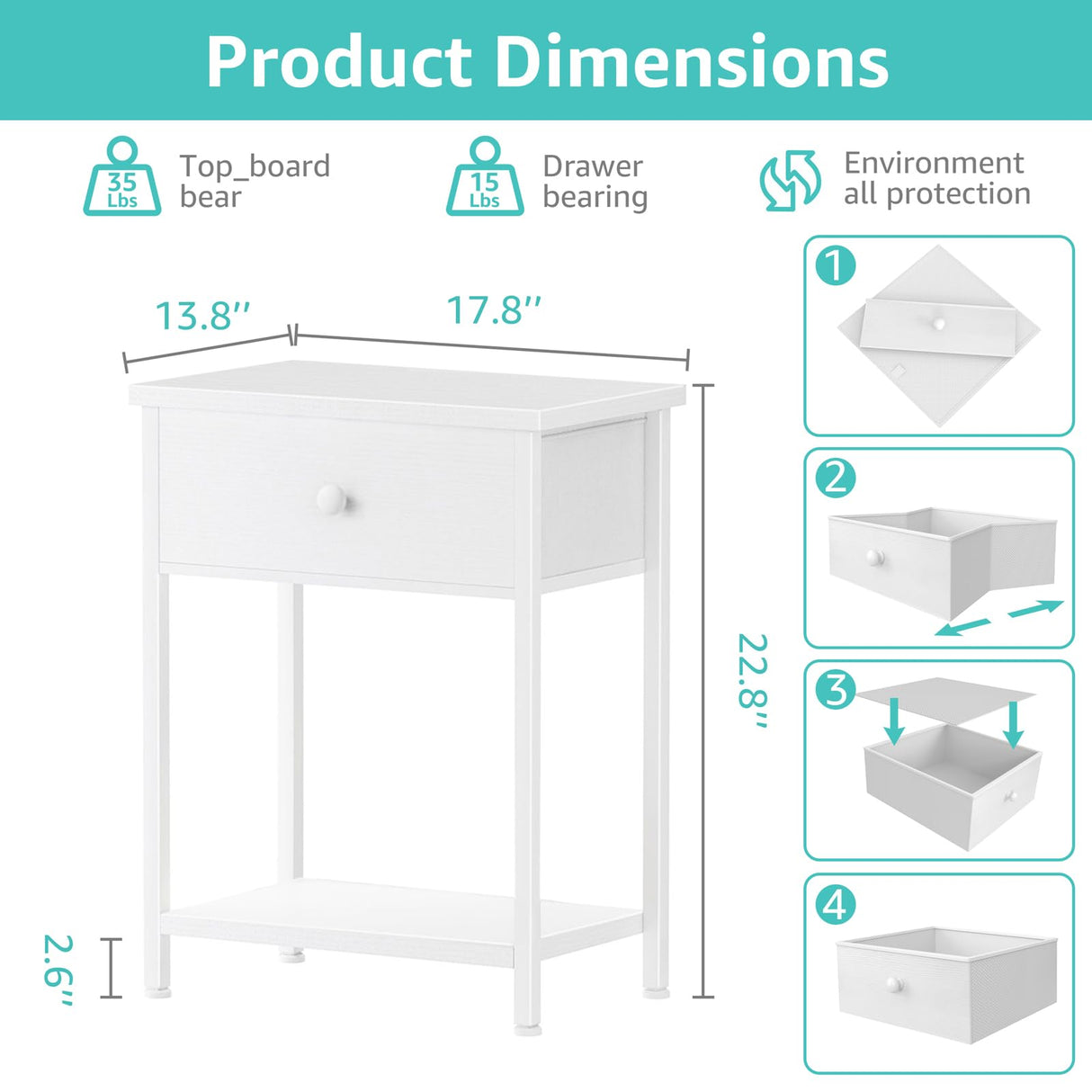 KAI-ROAD White Nightstands Set of 2, Small Night Stand Set 2 with Drawer and Shelf Storage for Bedroom, Dorm, Modern KAI-ROAD