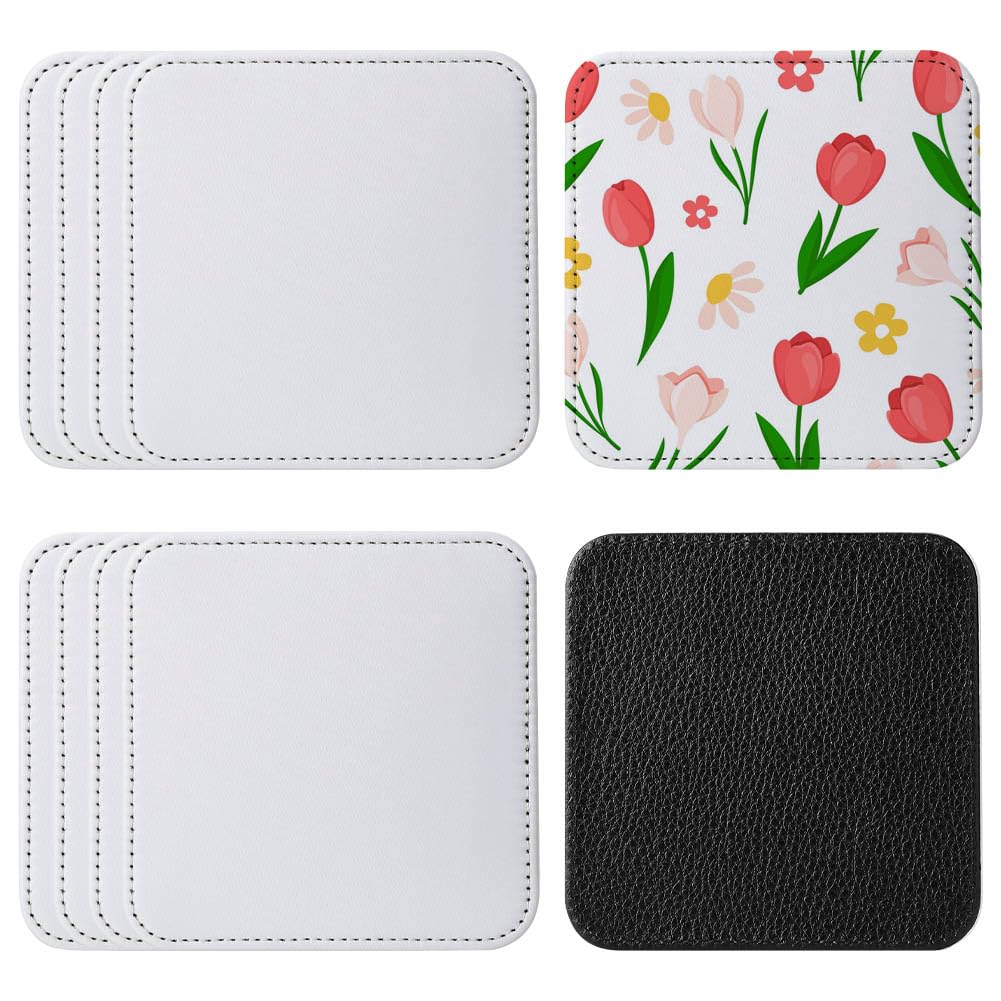 ZUYYON 10 Pcs Sublimation Coasters Blanks with Sewn Edge PU Leather Non Slip Blank Cup Mat Heat Transfer Cup Pad for Tabletop Protection DIY Crafts, 3.94 x 3.94 inches(Square)